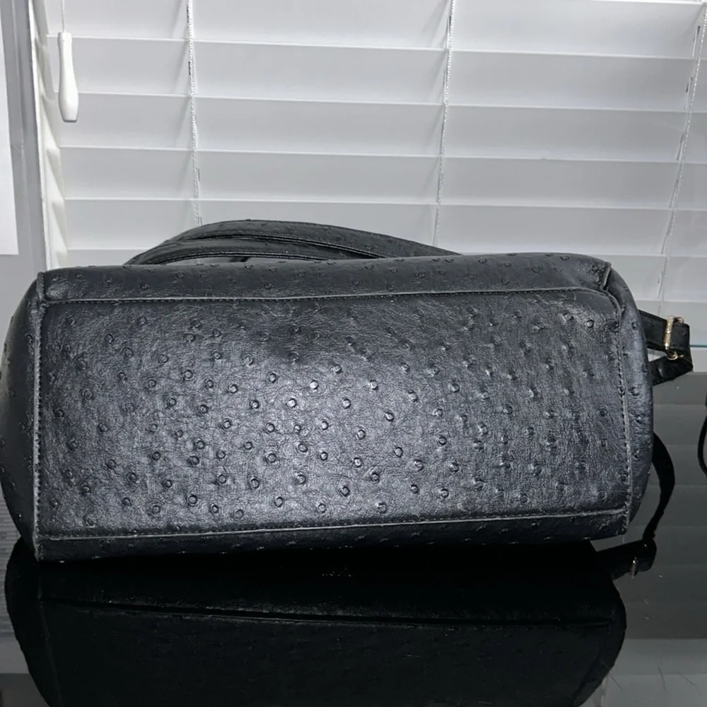 Crossi Black Faux Ostrich Double Bow Satchel Handbag – Vegan Leather